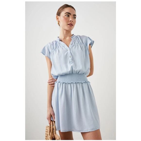 Rails Amina Flutter Sleeve Minidress Light Blue Denim Smocked Waist XS - Picture 1 of 9